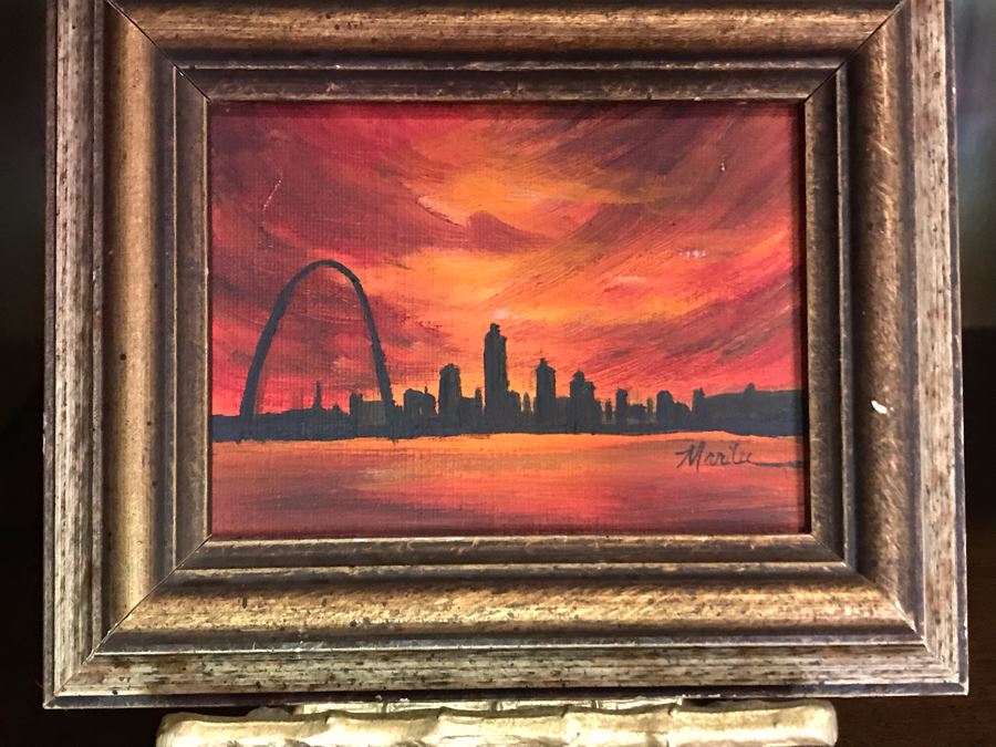 Small Original Painting Of Eero Saarinen's St. Louis Gateway Arch 4 X 3 With Brass Bamboo Motif Easel [Photo 3]