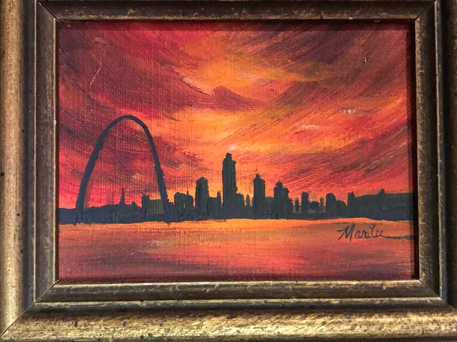 Small Original Painting Of Eero Saarinen's St. Louis Gateway Arch 4 X 3 With Brass Bamboo Motif Easel [Photo 4]