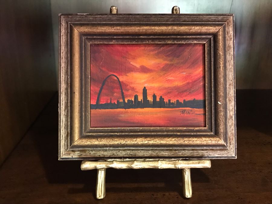 Small Original Painting Of Eero Saarinen's St. Louis Gateway Arch 4 X 3 With Brass Bamboo Motif Easel