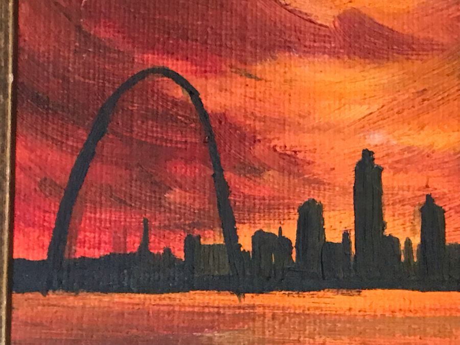 Small Original Painting Of Eero Saarinen's St. Louis Gateway Arch 4 X 3 With Brass Bamboo Motif Easel [Photo 6]