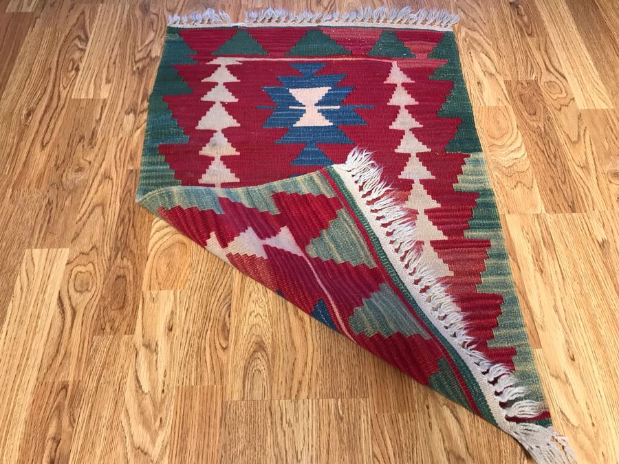 Vintage Hand Knotted Wool Geometric Pattern Rug 23 X 36 [Photo 6]