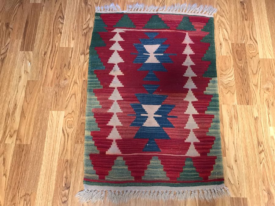 Vintage Hand Knotted Wool Geometric Pattern Rug 23 X 36 [Photo 2]