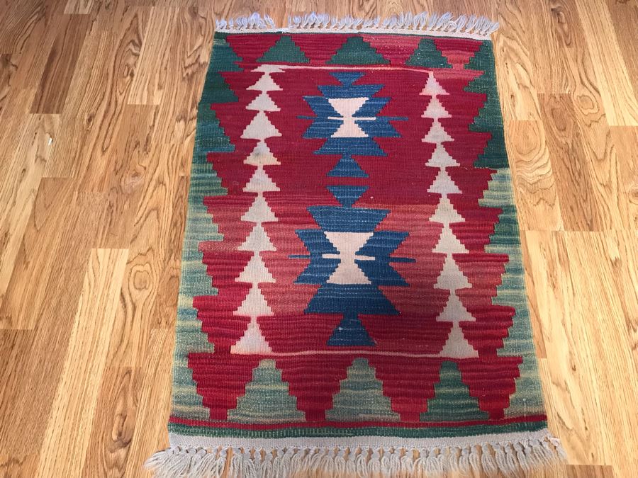 Vintage Hand Knotted Wool Geometric Pattern Rug 23 X 36 [Photo 1]