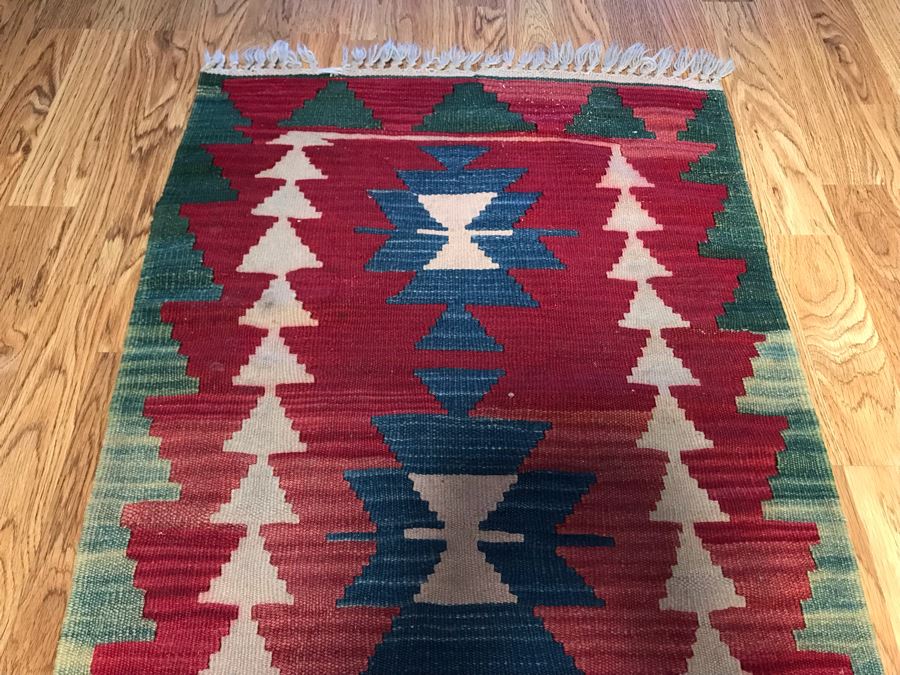 Vintage Hand Knotted Wool Geometric Pattern Rug 23 X 36 [Photo 4]