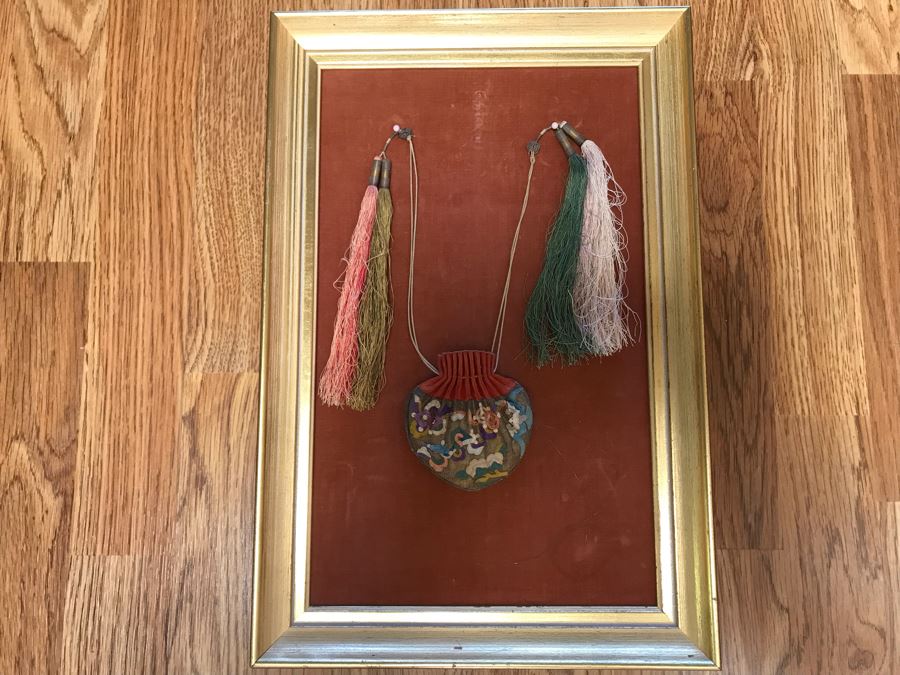 Framed Antique Chinese Silk Purse Pouch Frame Measures 11W X 16H [Photo 2]
