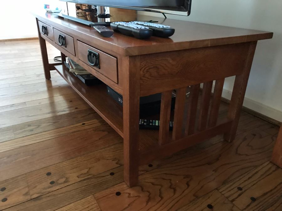 Wooden Arts & Crafts Style Table Stand With 3-Drawers Solid Wood 52W X 23D X 18H [Photo 3]