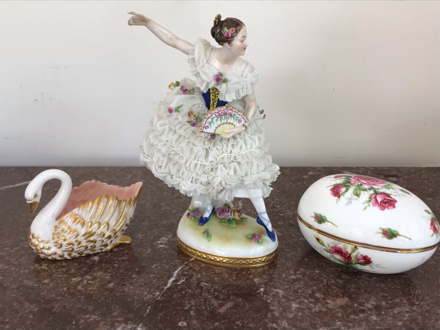 Dancing Ballerina Figurine 8H, Porcelain Swan Figurine And Porcelain Oval Box  [Photo 2]