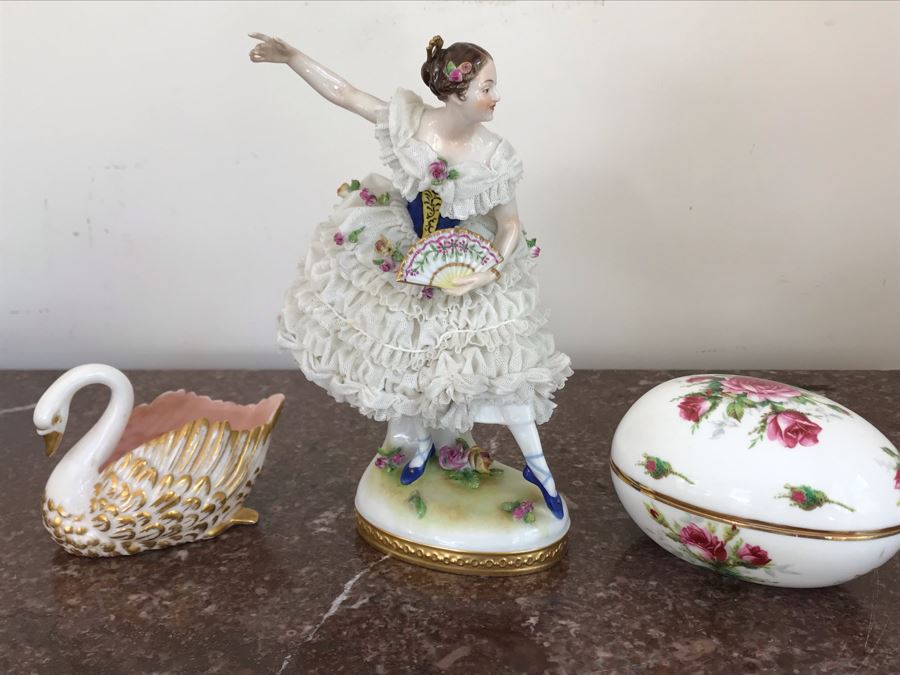 Dancing Ballerina Figurine 8H, Porcelain Swan Figurine And Porcelain Oval Box 