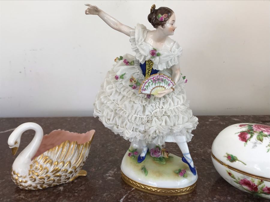 Dancing Ballerina Figurine 8H, Porcelain Swan Figurine And Porcelain Oval Box  [Photo 3]