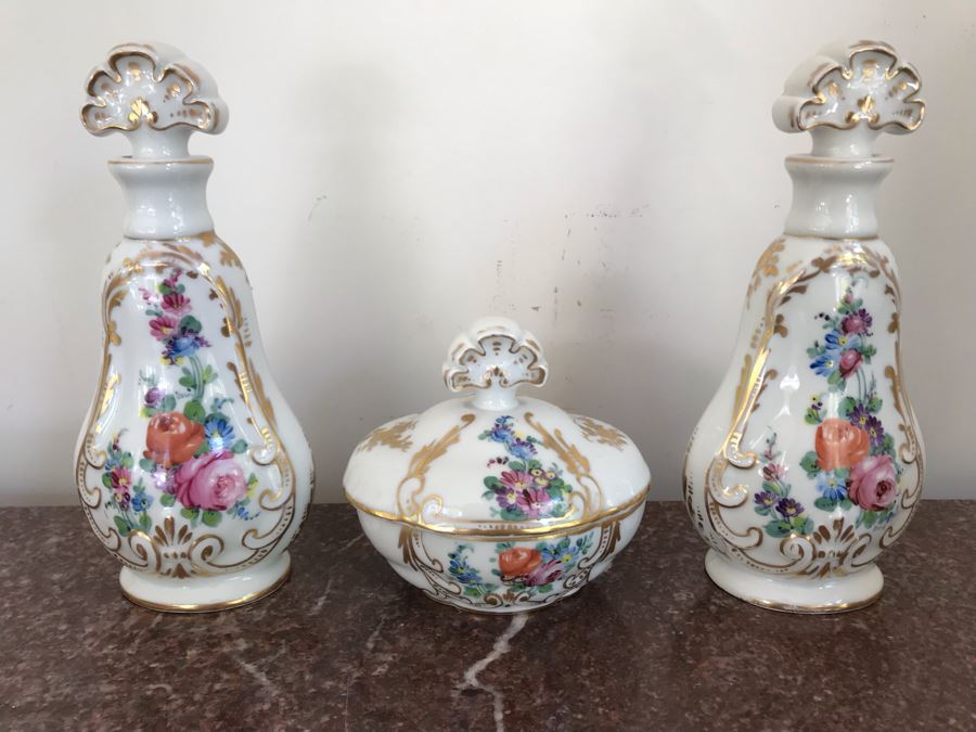 Hand Painted French Porcelain 3-Piece Set - Bottles Measure 7H