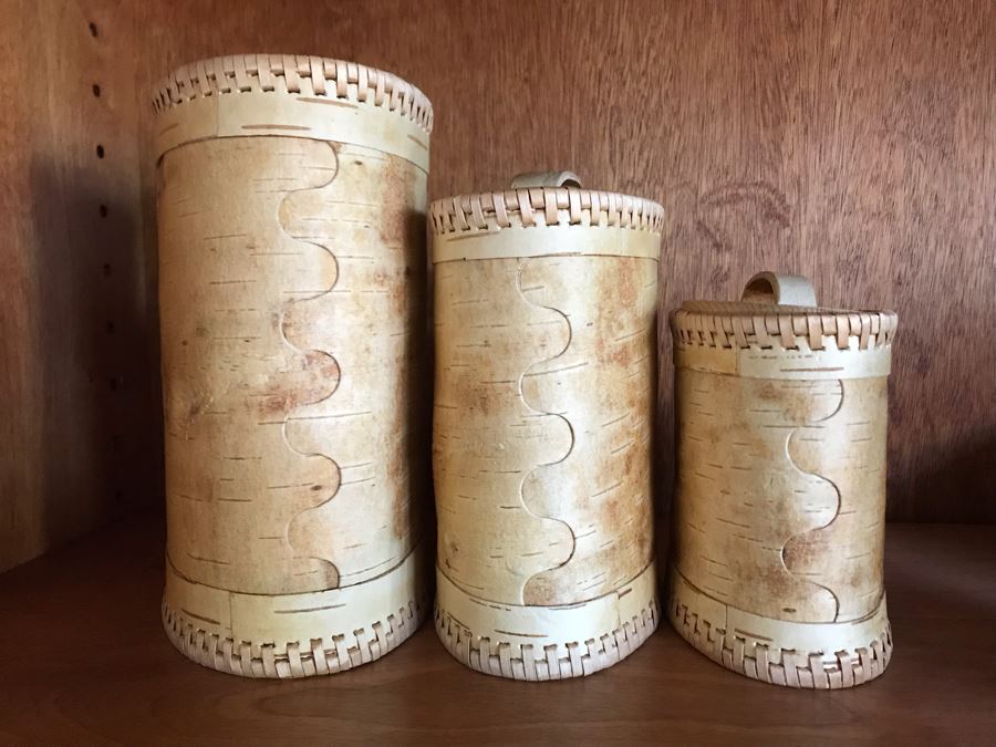 Set Of (3) Russian Bark Lidded Boxes 8H To 5H [Photo 7]
