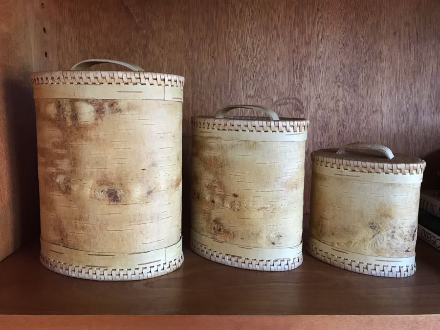 Set Of (3) Russian Bark Lidded Boxes 8H To 5H [Photo 2]