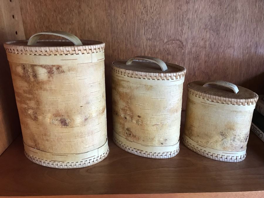 Set Of (3) Russian Bark Lidded Boxes 8H To 5H