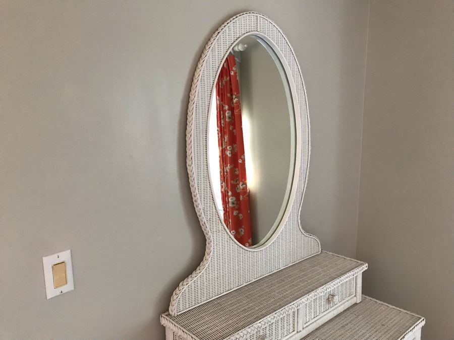 White Wicker Chest Of Drawers Dresser With Oval Mirror 38W X 19D X 77H [Photo 6]
