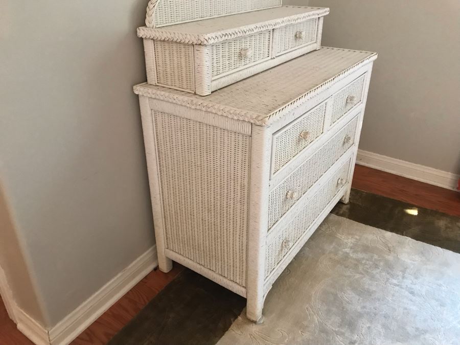 White Wicker Chest Of Drawers Dresser With Oval Mirror 38W X 19D X 77H [Photo 5]