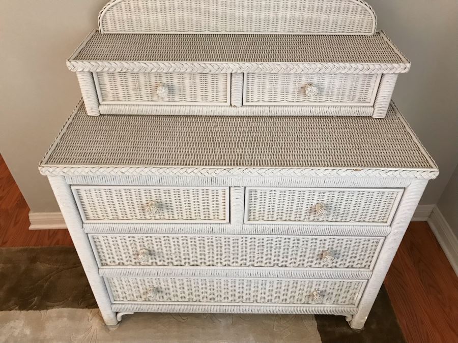 White Wicker Chest Of Drawers Dresser With Oval Mirror 38W X 19D X 77H