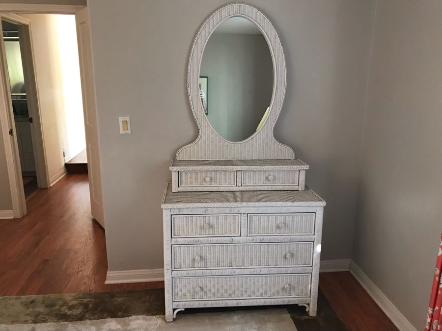 White Wicker Chest Of Drawers Dresser With Oval Mirror 38W X 19D X 77H [Photo 1]