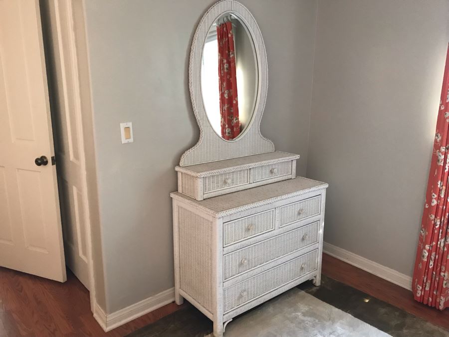 White Wicker Chest Of Drawers Dresser With Oval Mirror 38W X 19D X 77H [Photo 3]