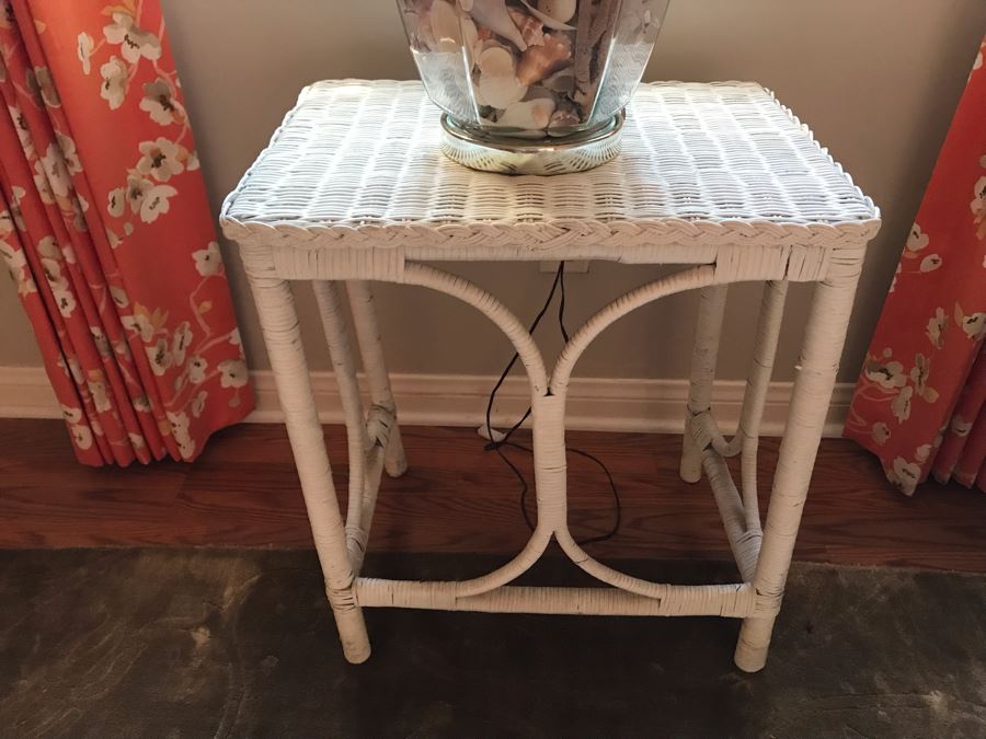 White Wicker Side Table 20W X 15D X 23H