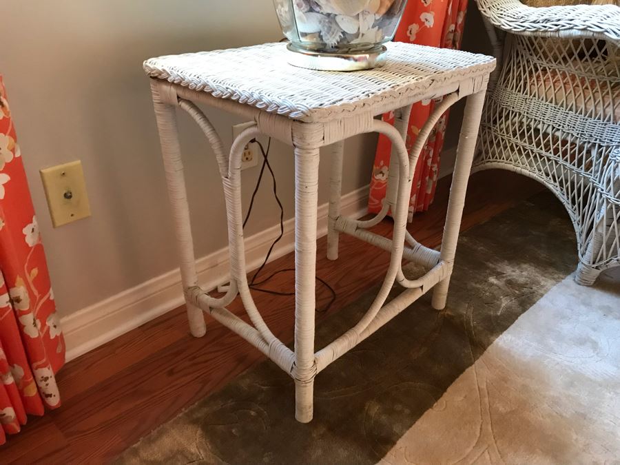 White Wicker Side Table 20W X 15D X 23H