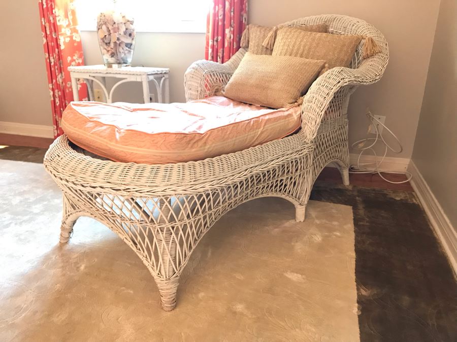 Vintage White Wicker Chaise Lounge With Cushion And (3) Throw Pillows [Photo 1]