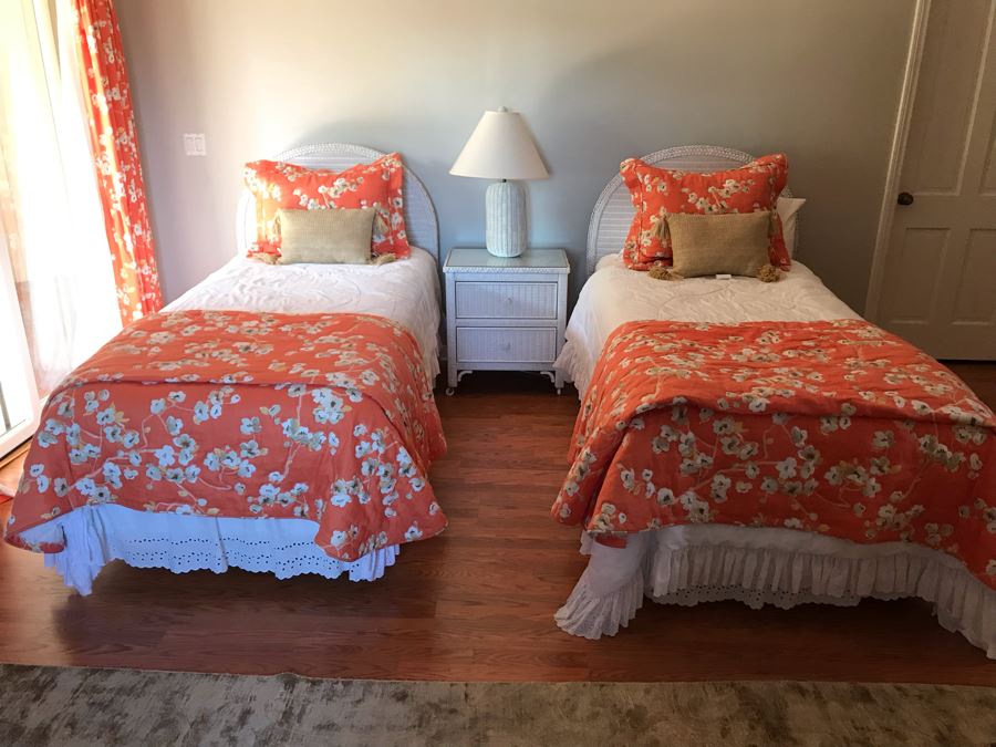 Pair Of Wicker Headboards With Metal Frames, Bedding, Throw Pillows, Mattresses And Boxsprings Included [Photo 3]