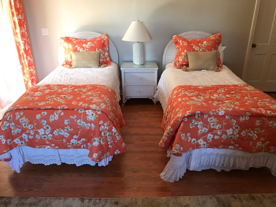 Pair Of Wicker Headboards With Metal Frames, Bedding, Throw Pillows, Mattresses And Boxsprings Included [Photo 2]