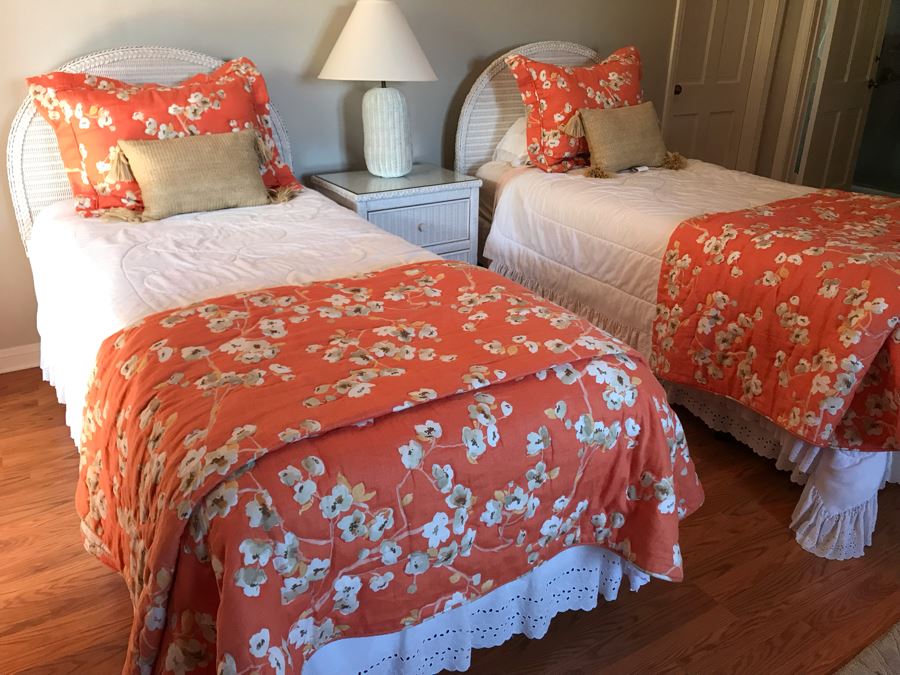 Pair Of Wicker Headboards With Metal Frames, Bedding, Throw Pillows, Mattresses And Boxsprings Included [Photo 4]