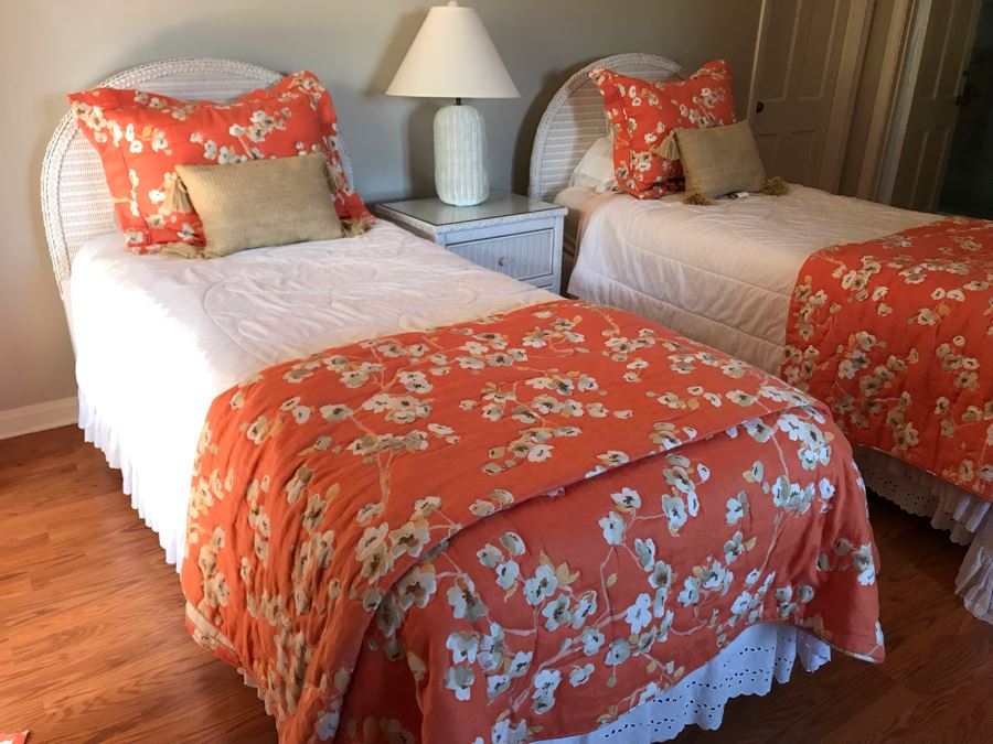 Pair Of Wicker Headboards With Metal Frames, Bedding, Throw Pillows, Mattresses And Boxsprings Included [Photo 5]