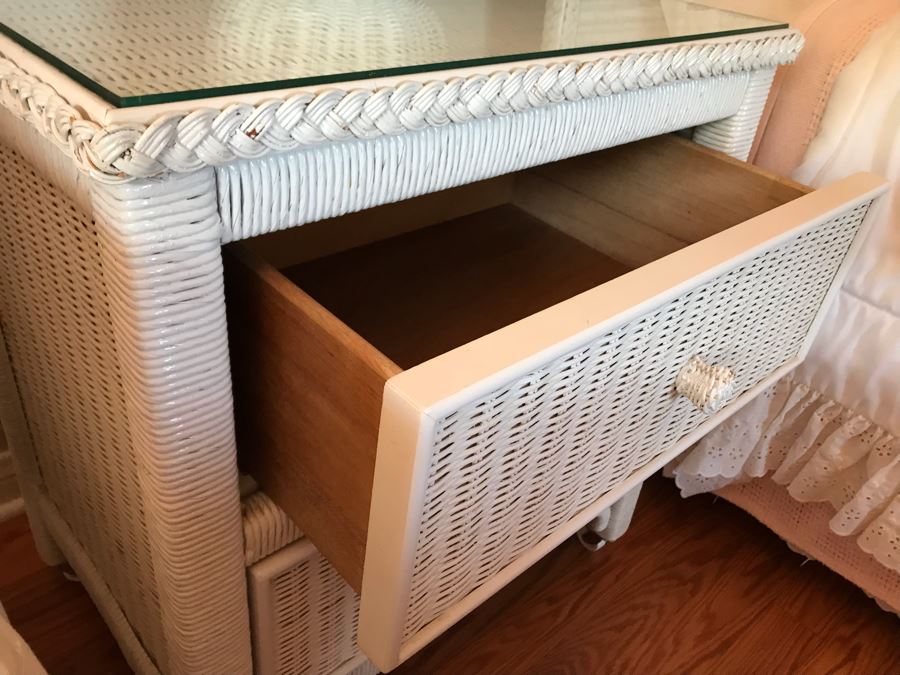 Vintage Wicker Nightstand 2-Drawer Side Table Painted White 24W X 18D X 26H [Photo 4]