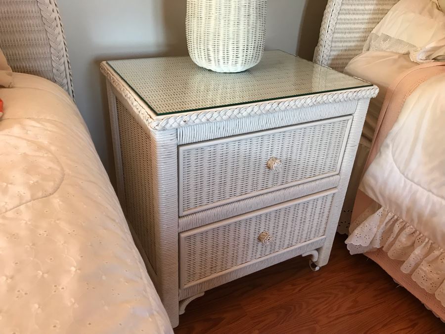 Vintage Wicker Nightstand 2-Drawer Side Table Painted White 24W X 18D X 26H [Photo 3]