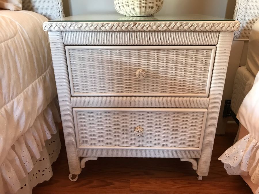 Vintage Wicker Nightstand 2-Drawer Side Table Painted White 24W X 18D X 26H [Photo 1]