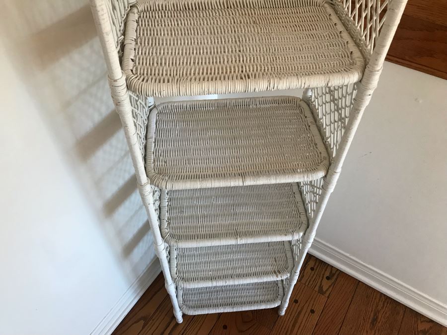 Vintage Wicker Etagere Shelf Stand Painted White 15W X 10D X 54H [Photo 4]