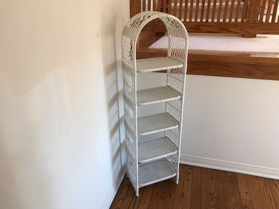 Vintage Wicker Etagere Shelf Stand Painted White 15W X 10D X 54H [Photo 3]