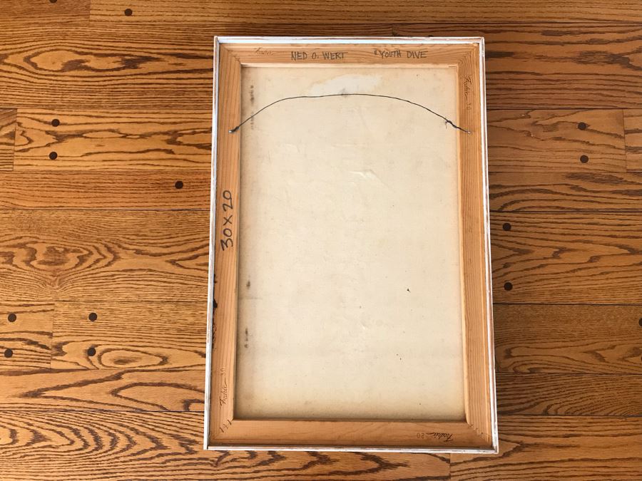 Original Modernist Oil Painting On Canvas By Ned O. Wert Titled 'Youth Dive' 30 X 20 [Photo 10]