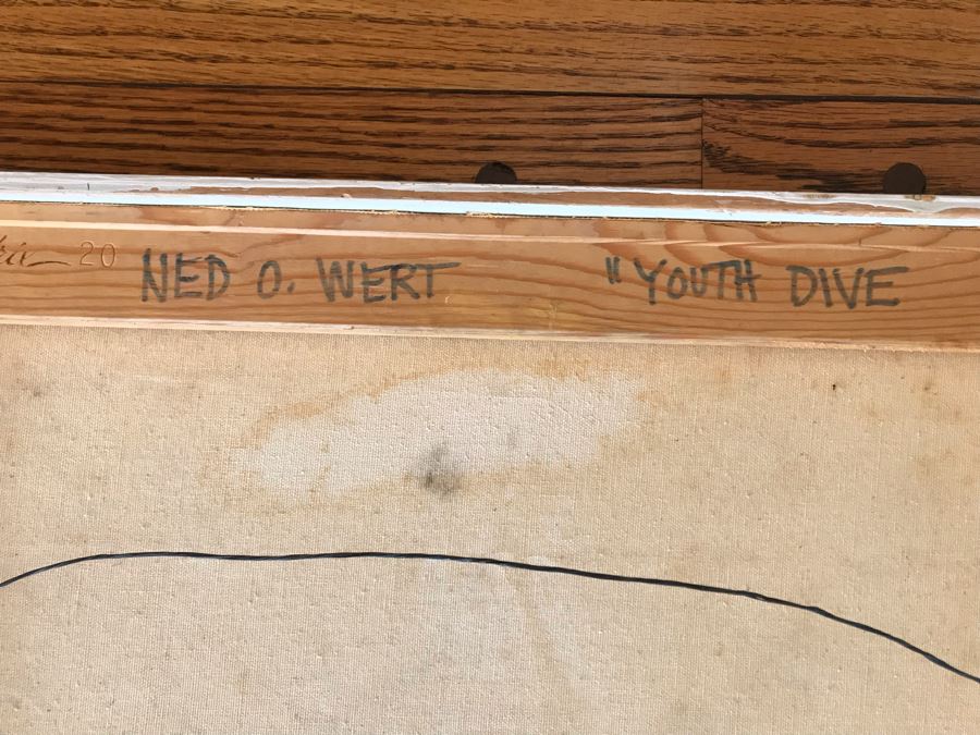 Original Modernist Oil Painting On Canvas By Ned O. Wert Titled 'Youth Dive' 30 X 20 [Photo 11]