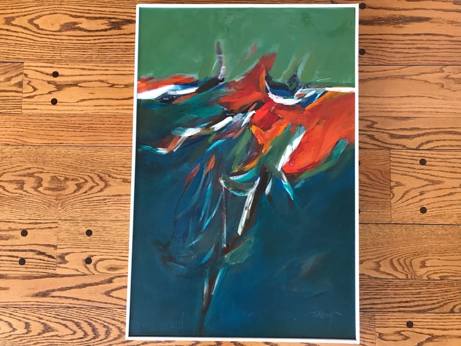 Original Modernist Oil Painting On Canvas By Ned O. Wert Titled 'Youth Dive' 30 X 20 [Photo 2]