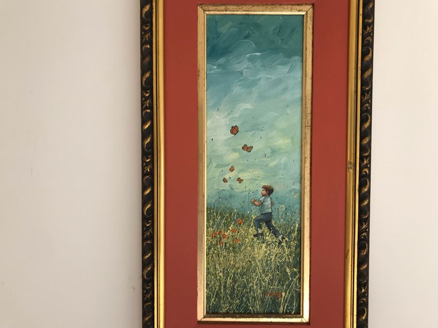 Original Painting Of Boy Chasing Butterflies In Field By B. Curry 5W X 15H [Photo 2]