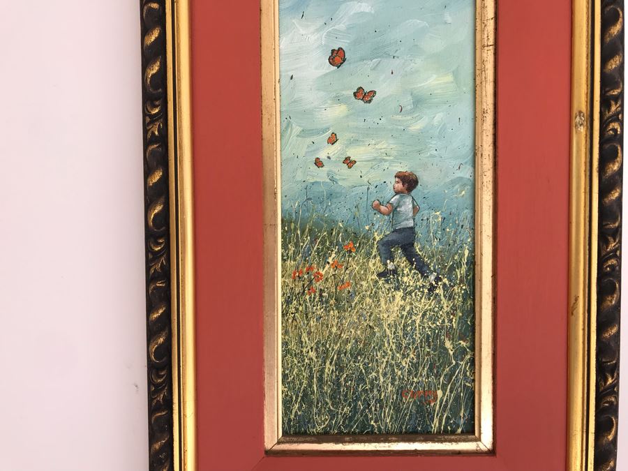 Original Painting Of Boy Chasing Butterflies In Field By B. Curry 5W X 15H [Photo 3]
