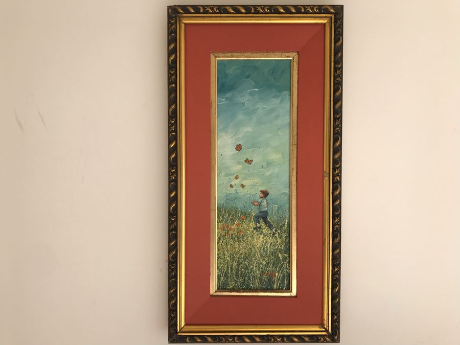 Original Painting Of Boy Chasing Butterflies In Field By B. Curry 5W X 15H [Photo 1]