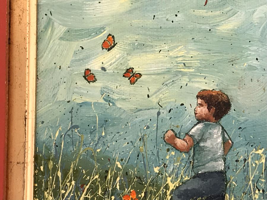 Original Painting Of Boy Chasing Butterflies In Field By B. Curry 5W X 15H [Photo 6]