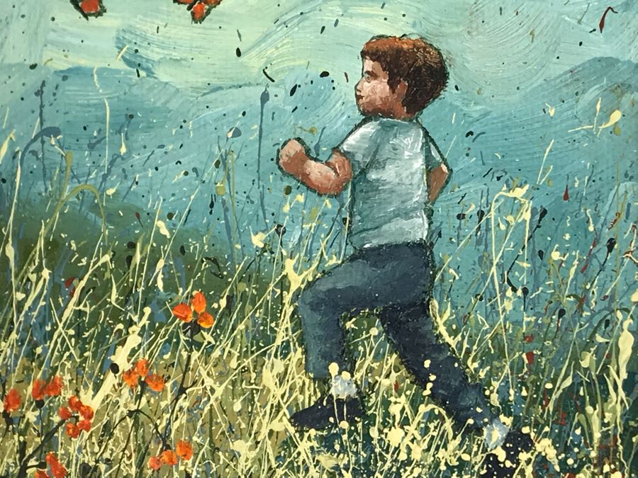 Original Painting Of Boy Chasing Butterflies In Field By B. Curry 5W X 15H [Photo 5]