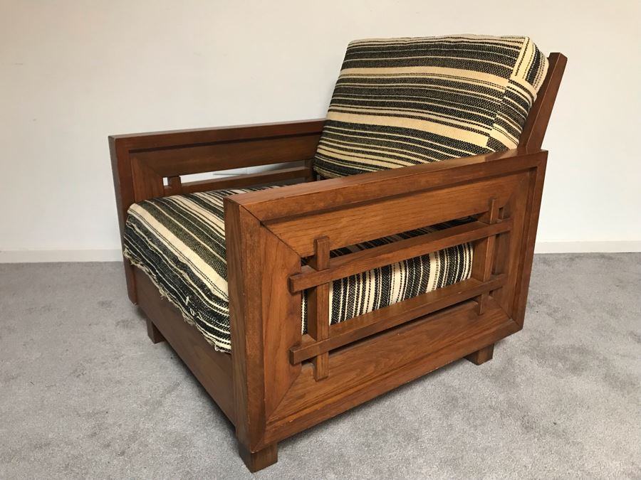 JUST ADDED - Mid-Century Solid Wood Armchair With Original Cushions (Designer Unknown) - Needs Reupholstering 28.5W X 32D [Photo 1]