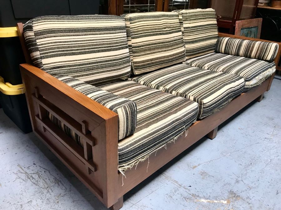 JUST ADDED - Mid-Century Solid Wood Sofa With Original Cushions (Designer Unknown) - Needs Reupholstering 76W X 32D X 29H [Photo 1]