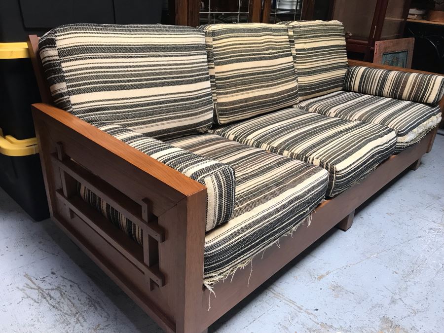 JUST ADDED - Mid-Century Solid Wood Sofa With Original Cushions (Designer Unknown) - Needs Reupholstering 76W X 32D X 29H [Photo 2]