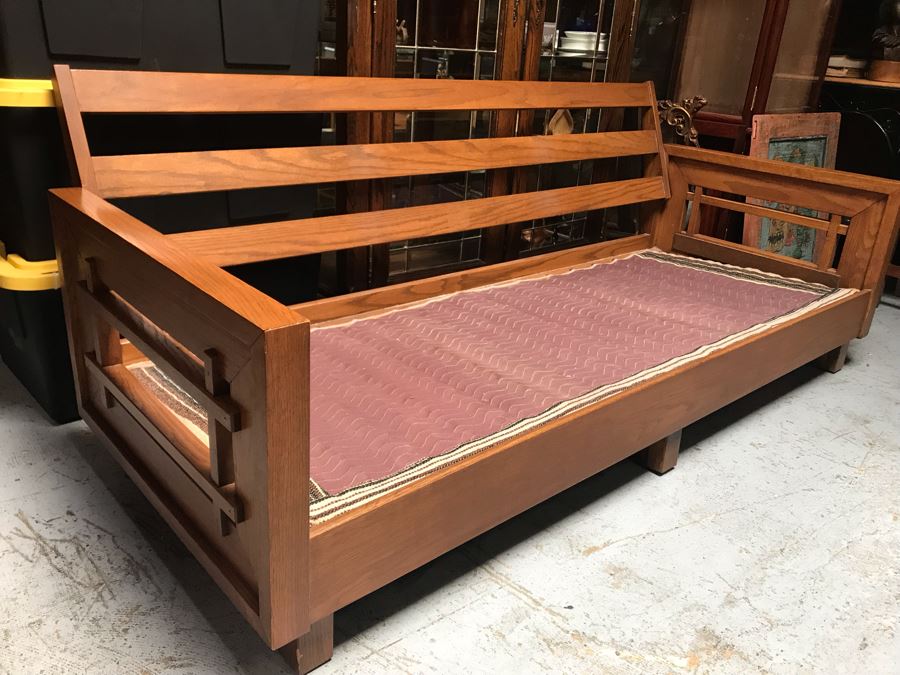 JUST ADDED - Mid-Century Solid Wood Sofa With Original Cushions (Designer Unknown) - Needs Reupholstering 76W X 32D X 29H [Photo 4]