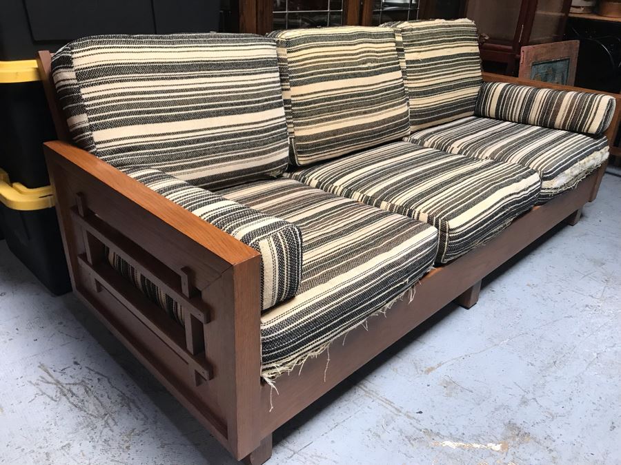 JUST ADDED - Mid-Century Solid Wood Sofa With Original Cushions (Designer Unknown) - Needs Reupholstering 76W X 32D X 29H [Photo 6]
