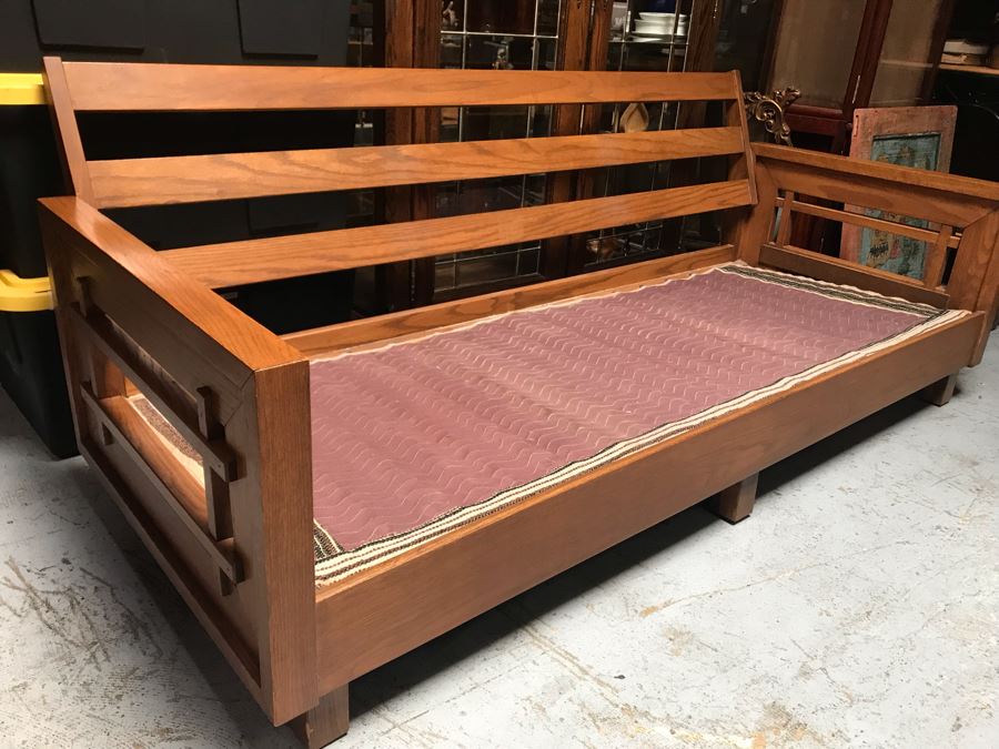 JUST ADDED - Mid-Century Solid Wood Sofa With Original Cushions (Designer Unknown) - Needs Reupholstering 76W X 32D X 29H [Photo 3]