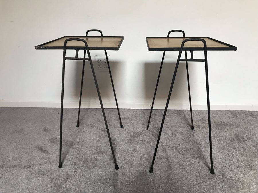 JUST ADDED - Pair Of Mid-Century Modern Wrought Iron Side Tables 16W X 14D X 26H [Photo 3]