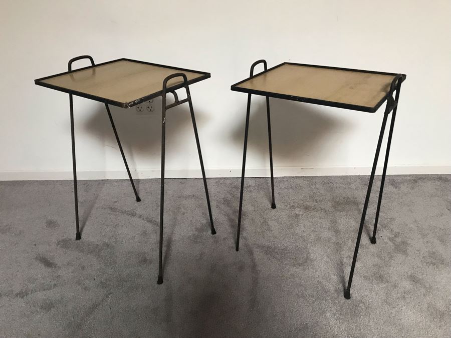 JUST ADDED - Pair Of Mid-Century Modern Wrought Iron Side Tables 16W X 14D X 26H
